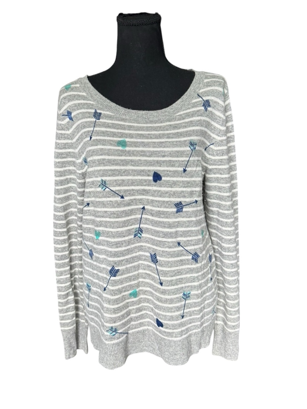 Halogen Cashmere Wool Sweater Large Gray Stripe Arrow Heart Print